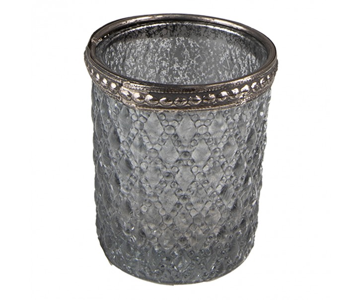 Šedý skleněný svícen na čajovou svíčku se zdobným lemem - Ø 6*6 cm