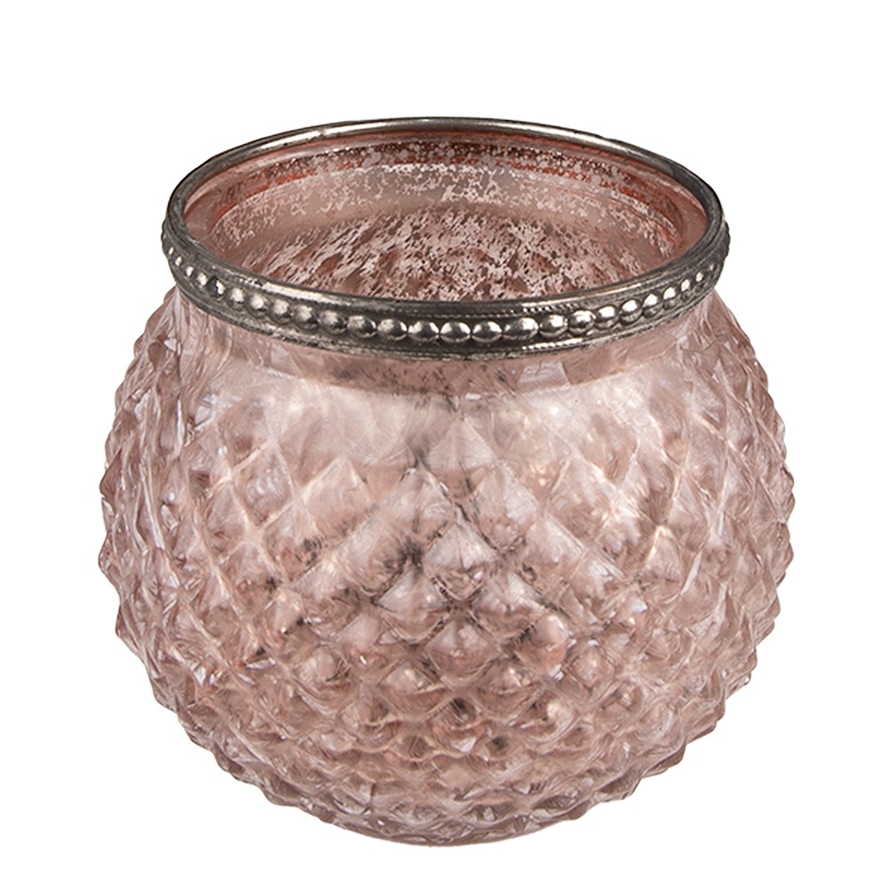 Růžový skleněný svícen na čajovou svíčku se zdobným okrajem - Ø10*9 cm Clayre & Eef