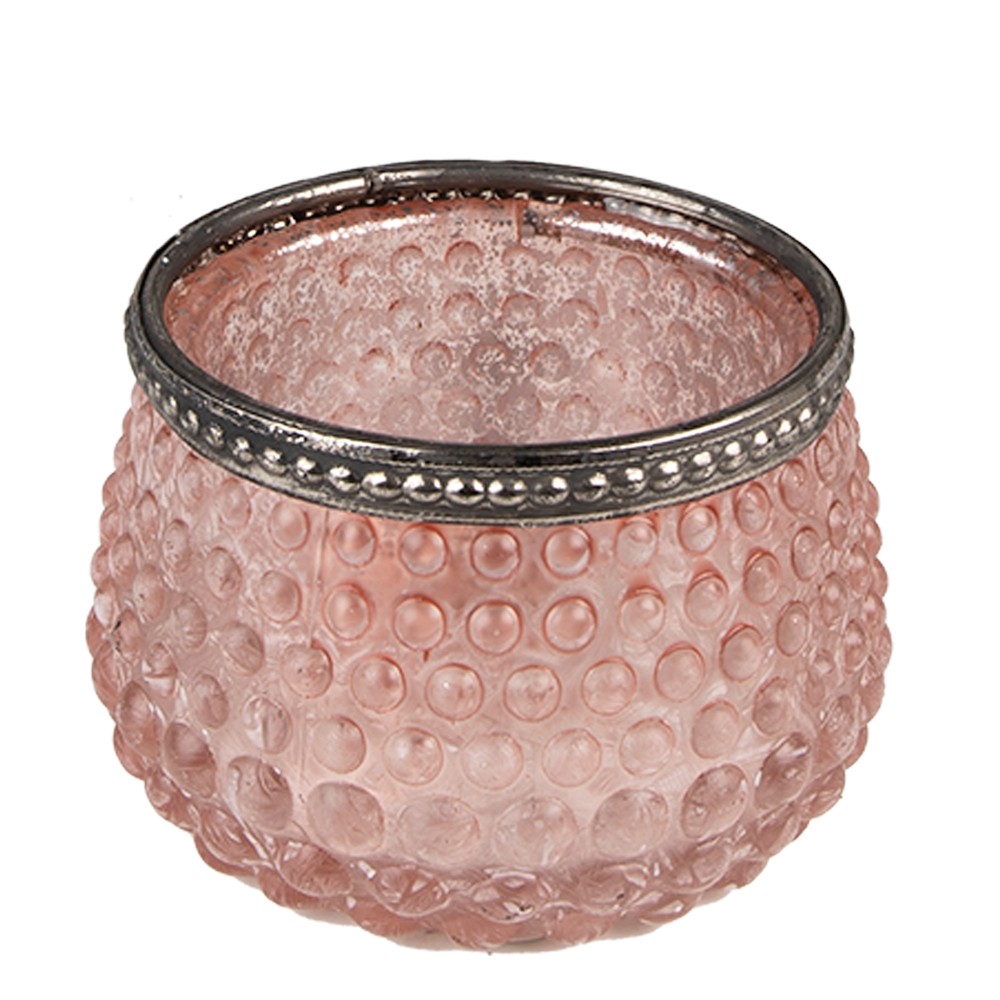Růžový skleněný svícen na čajovou svíčku se zdobným okrajem - Ø  8*6 cm Clayre & Eef