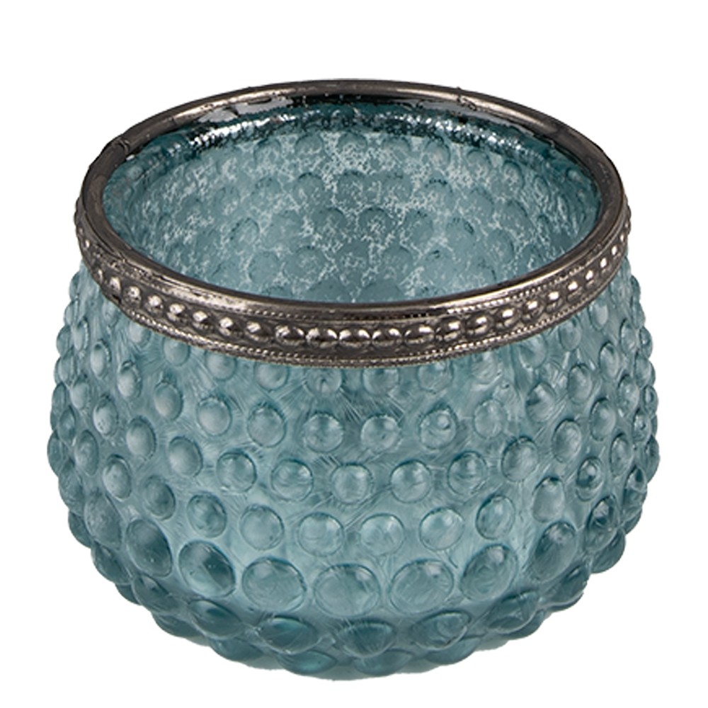 Modrý skleněný svícen na čajovou svíčku se zdobným okrajem - Ø  8*6 cm Clayre & Eef