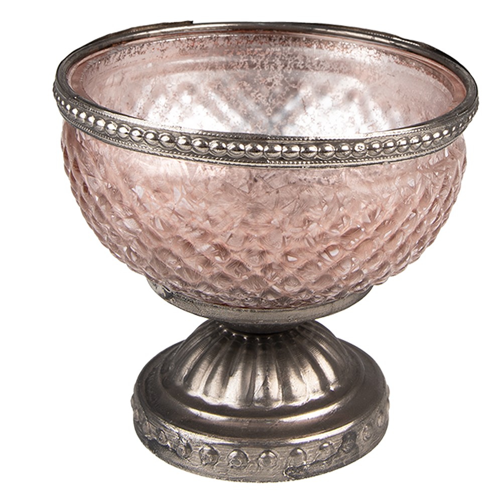 Růžový skleněný svícen na čajovou svíčku se zdobným okrajem - Ø 11*10 cm 6GL3982