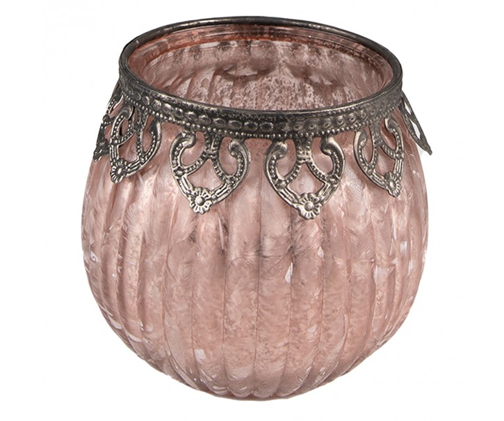 Růžový skleněný svícen na čajovou svíčku se zdobným okrajem - Ø 11*10 cm