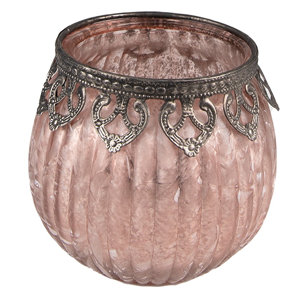 Růžový skleněný svícen na čajovou svíčku se zdobným okrajem - Ø 11*10 cm Clayre & Eef