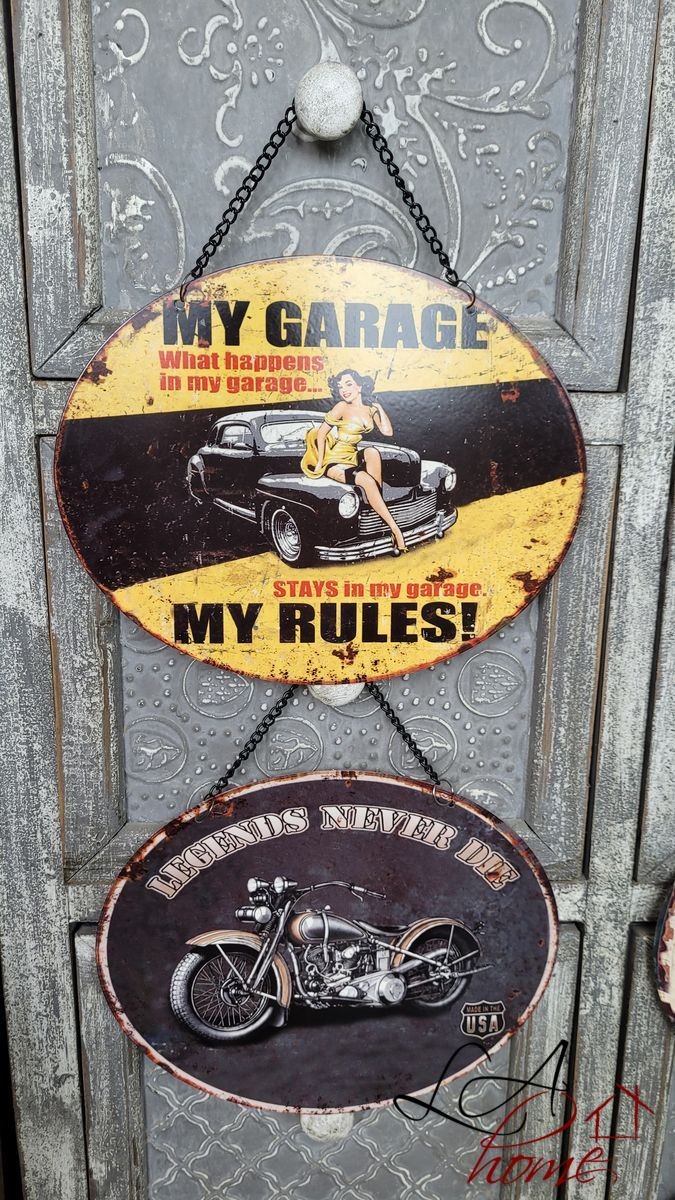 Závěsná žlutá kovová cedule My Garage My Rules - 25*20 cm