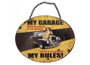 Závěsná žlutá kovová cedule My Garage My Rules - 25*20 cm