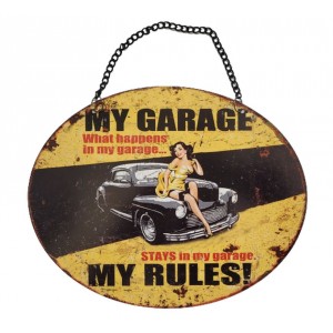 Závěsná žlutá kovová cedule My Garage My Rules - 25*20 cm