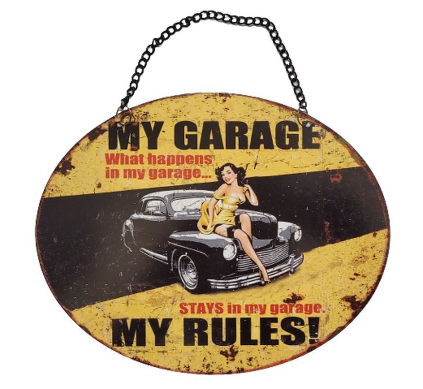 Závěsná žlutá kovová cedule My Garage My Rules - 25*20 cm 8PL-841820253333