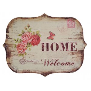Nástěnná kovová cedule s růžemi Welcome Home - 33*25 cm