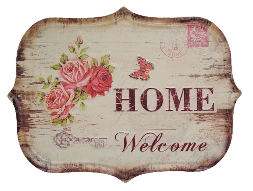 Nástěnná kovová cedule s růžemi Welcome Home - 33*25 cm