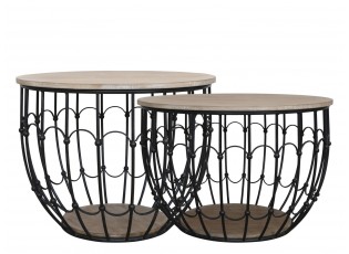 2ks černý antik kovový coffee stolek s dřevěnou deskou Charlotte - Ø57*42 cm