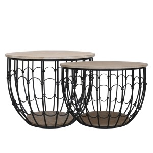 2ks černý antik kovový coffee stolek s dřevěnou deskou Charlotte - Ø57*42 cm