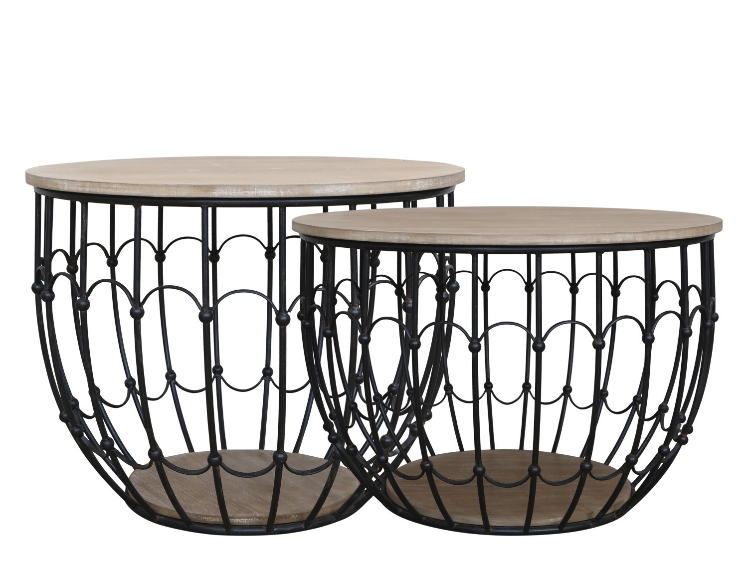 2ks černý antik kovový coffee stolek s dřevěnou deskou Charlotte - Ø57*42 cm 40033524 40335-24