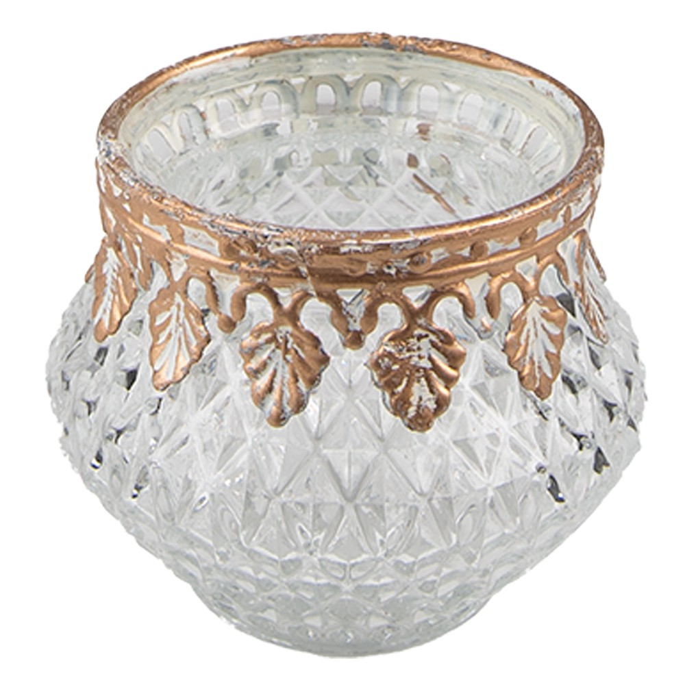 Skleněný svícen na čajovou svíčku se zdobením - Ø 8*6 cm Clayre & Eef
