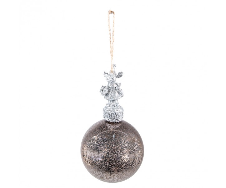 Stříbrná antik skleněná vánoční koule se sobem - Ø 7*14 cm