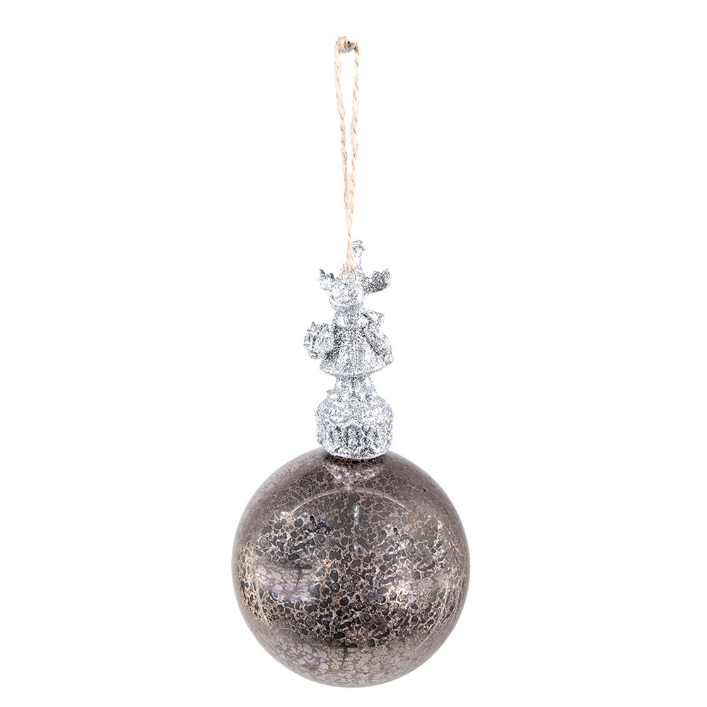 Stříbrná antik skleněná vánoční koule se sobem - Ø 7*14 cm Clayre & Eef