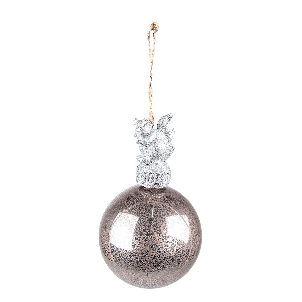 Levně Stříbrná antik skleněná vánoční koule s veverkou - Ø 7*13 cm 6GL4073