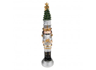 Stříbrná vánoční dekorace Louskáček se stromkem a dárkem - 5*5*25 cm