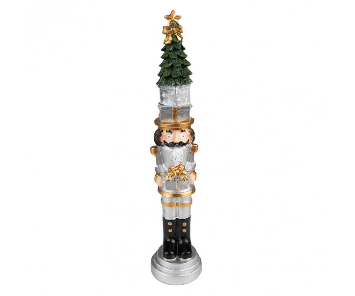 Stříbrná vánoční dekorace Louskáček se stromkem a dárkem - 5*5*25 cm