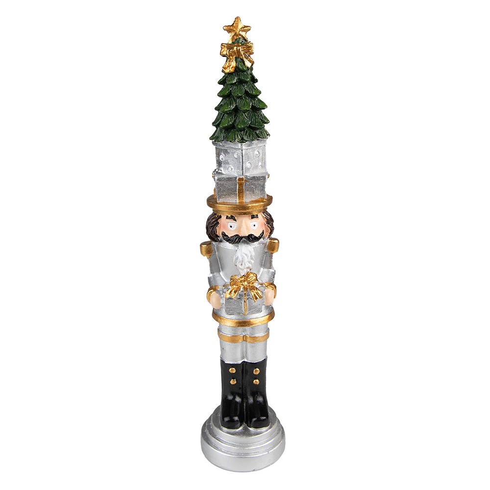 Stříbrná vánoční dekorace Louskáček se stromkem a dárkem - 5*5*25 cm Clayre & Eef