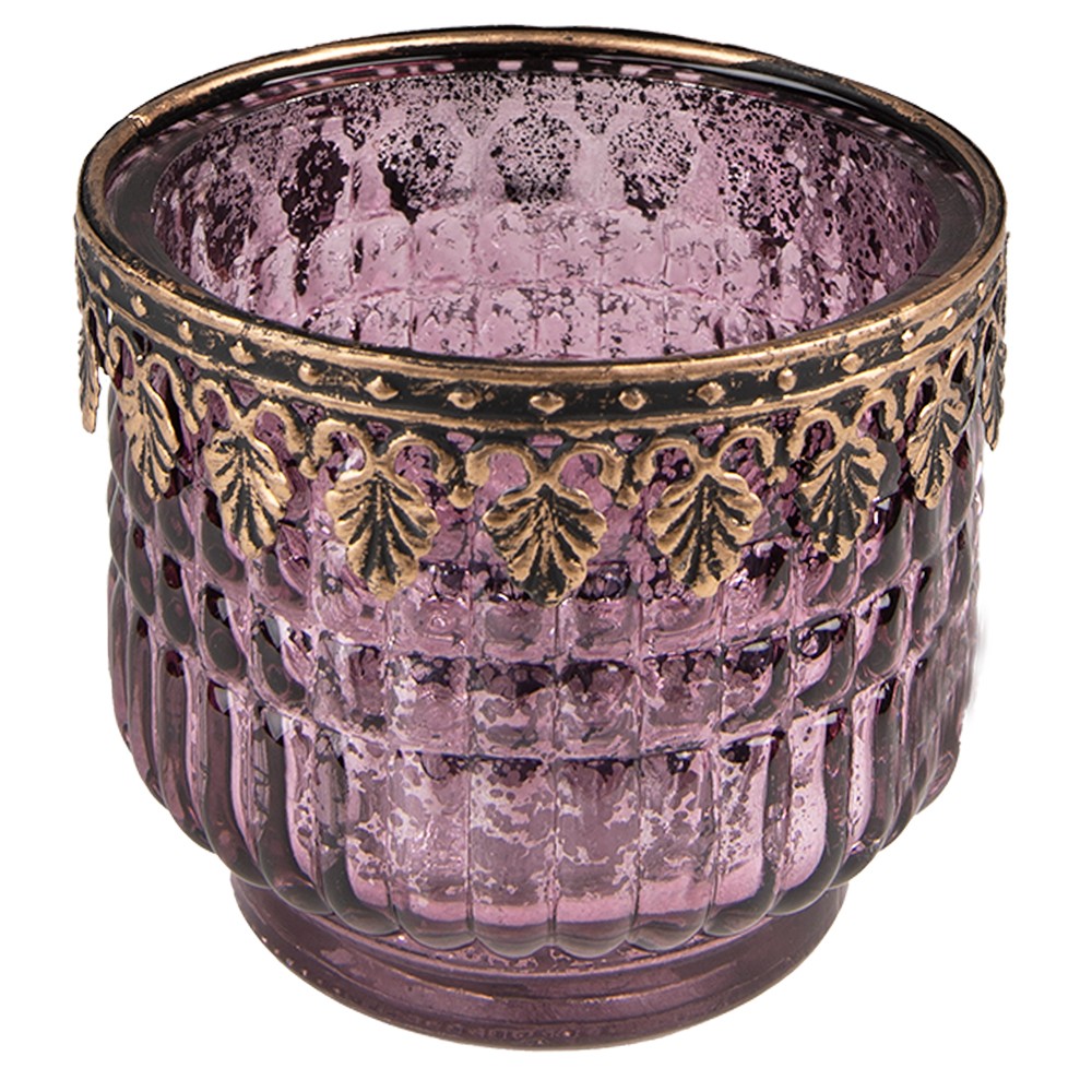 Fialový skleněný svícen na čajovou svíčku se zdobným okrajem - Ø9*8 cm Clayre & Eef