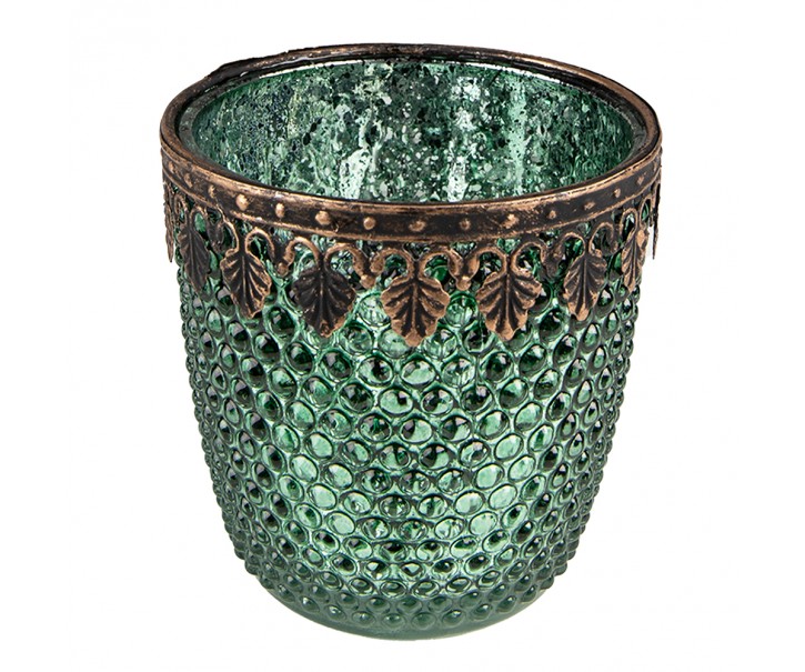 Zelený skleněný svícen na čajovou svíčku se zdobným okrajem - Ø 9*9 cm