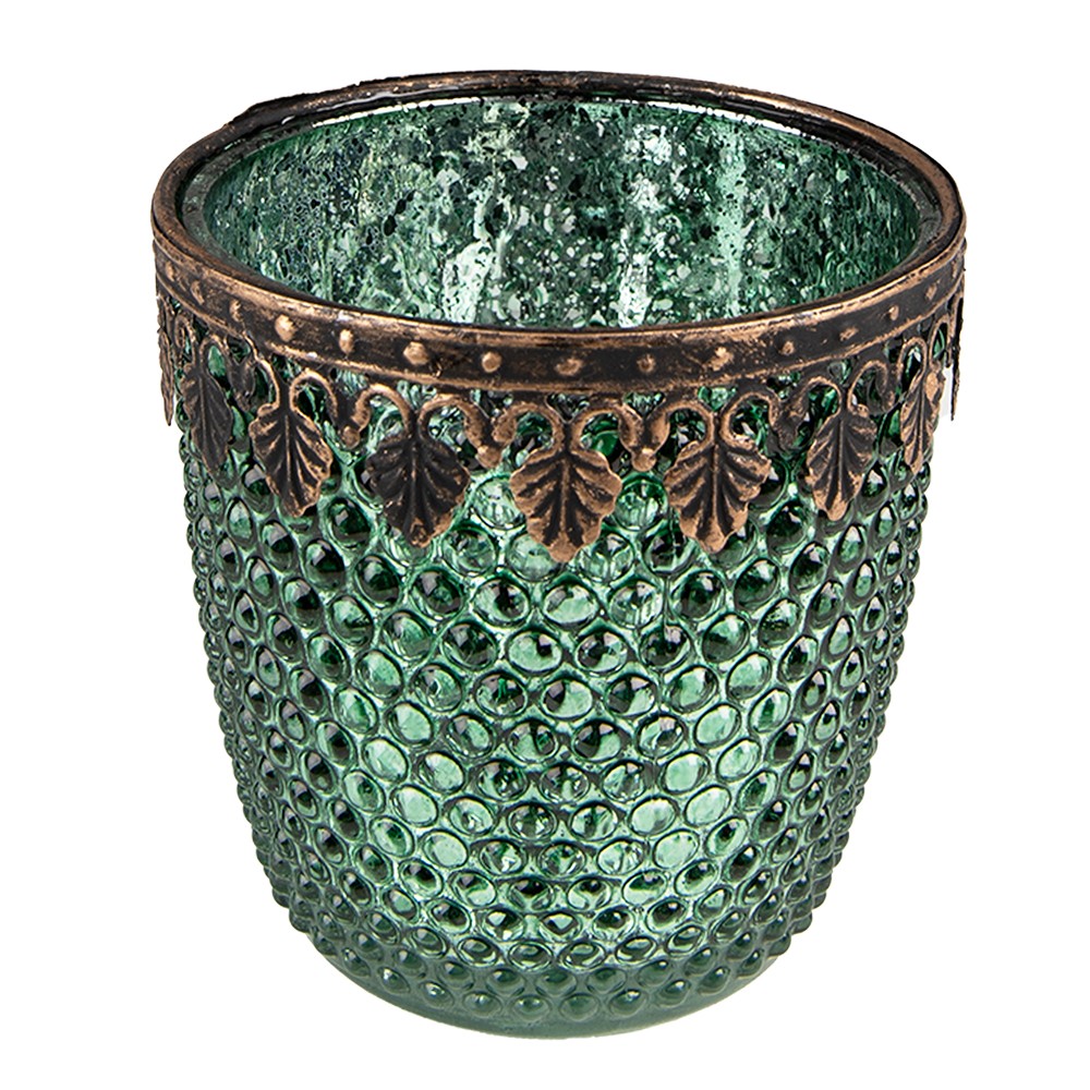 Zelený skleněný svícen na čajovou svíčku se zdobným okrajem - Ø 9*9 cm Clayre & Eef