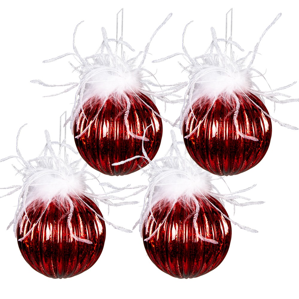 4ks červená vánoční ozdoba koule s peříčky - Ø 10 cm Clayre & Eef