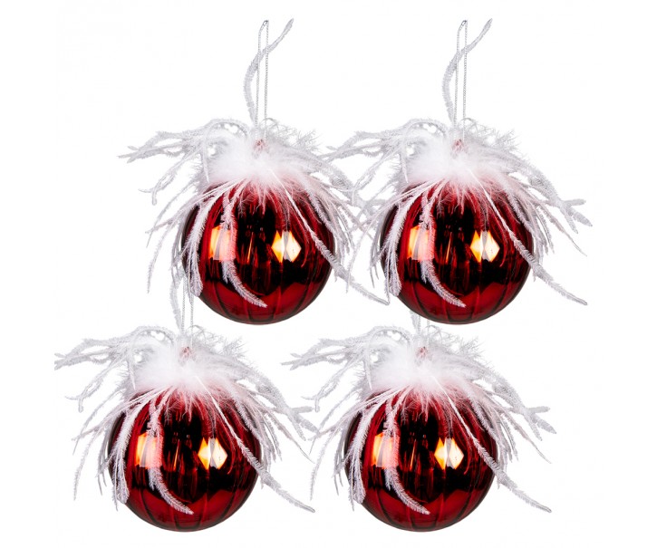 4ks červená vánoční ozdoba koule s peříčky - Ø 10 cm 