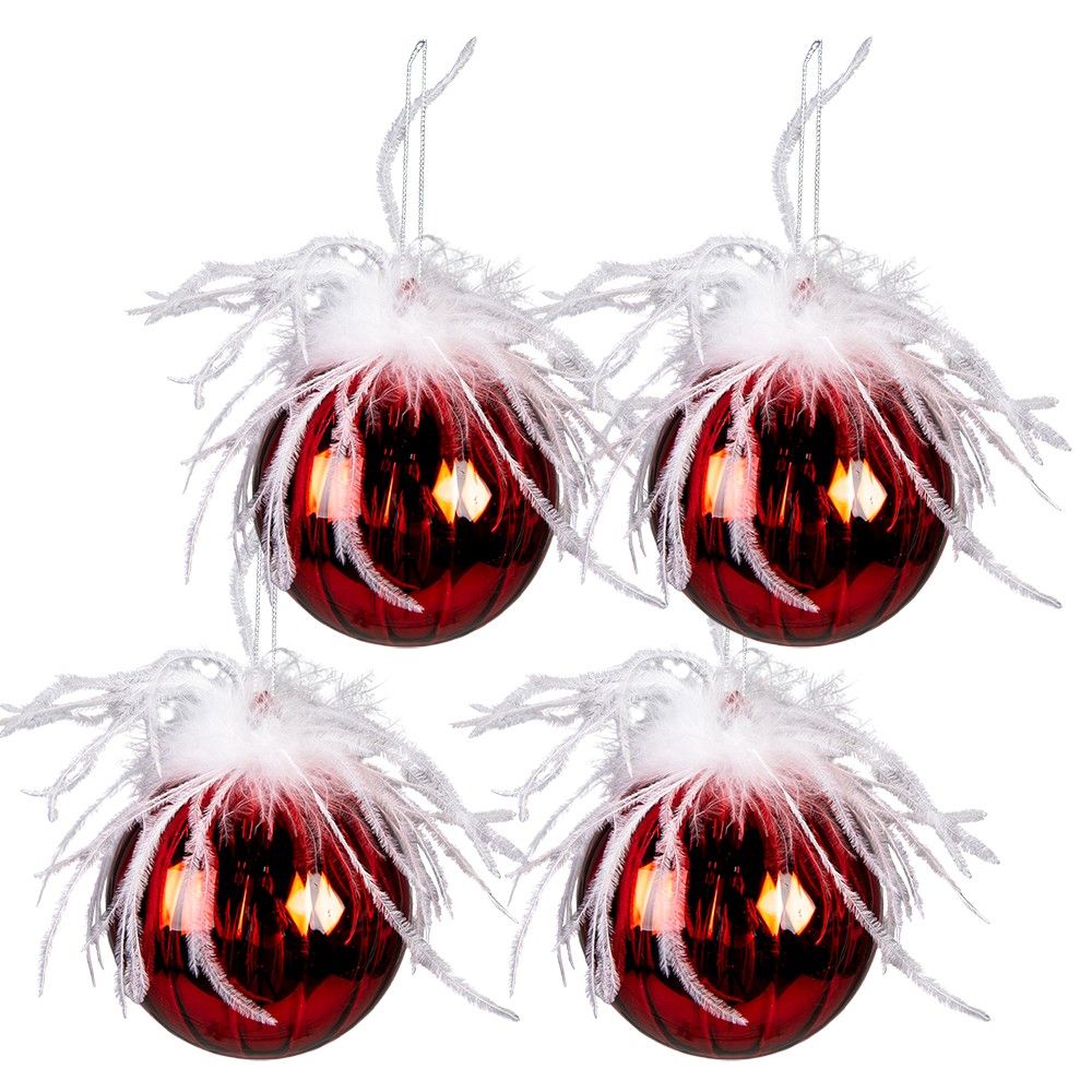 4ks červená vánoční ozdoba koule s peříčky - Ø 10 cm  Clayre & Eef