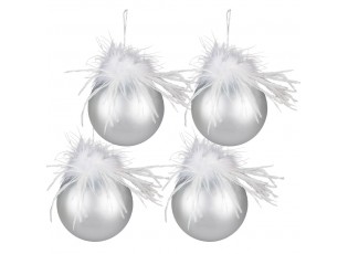 4ks stříbrná vánoční ozdoba koule s peříčky a flitry - Ø 10 cm