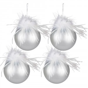 4ks stříbrná vánoční ozdoba koule s peříčky a flitry - Ø 10 cm