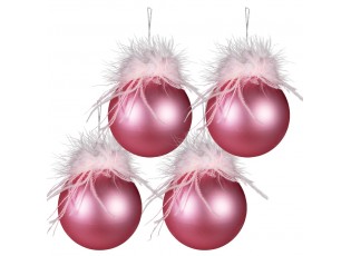 4ks růžová vánoční ozdoba koule s peříčky - Ø 10 cm