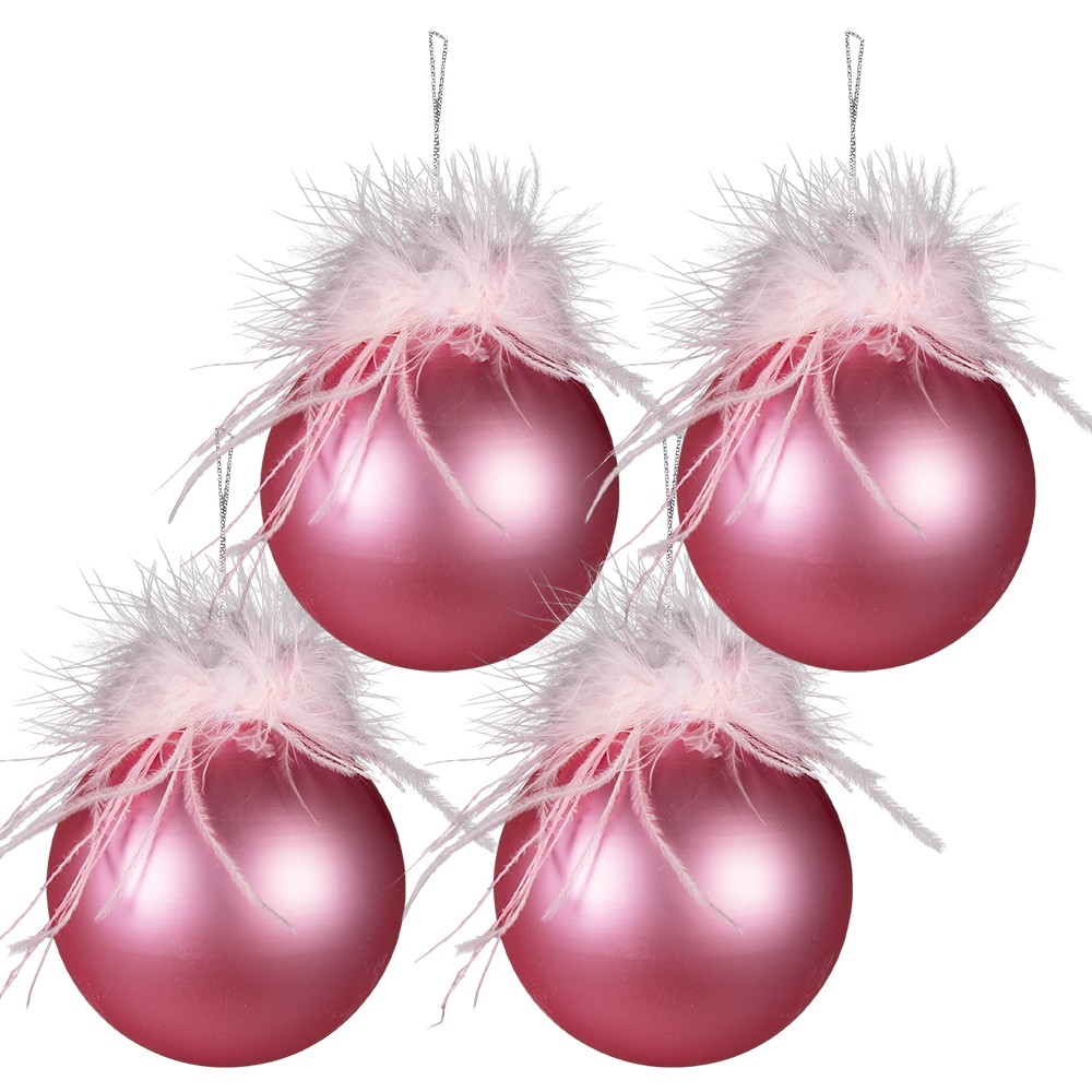 4ks růžová vánoční ozdoba koule s peříčky - Ø 10 cm Clayre & Eef