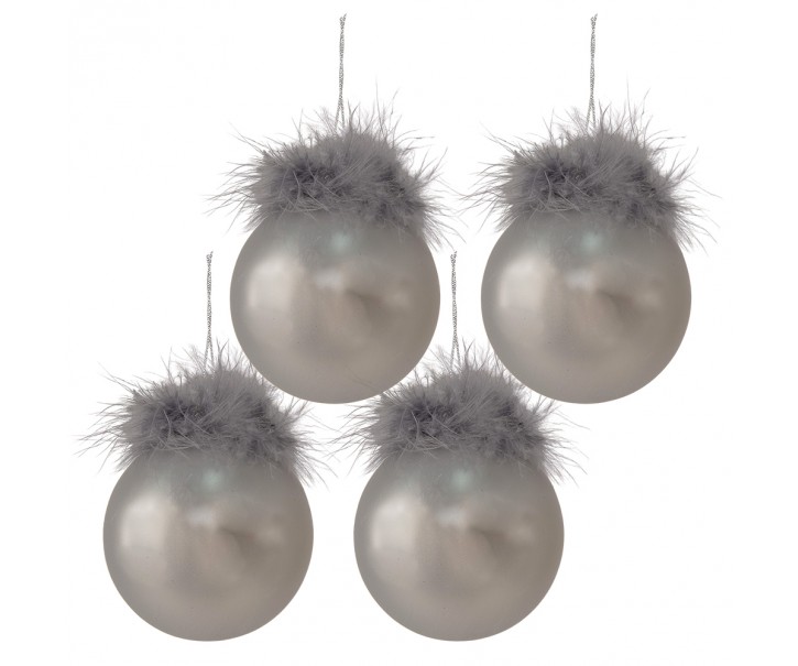 4ks stříbrná vánoční ozdoba koule s peříčky - Ø 8 cm