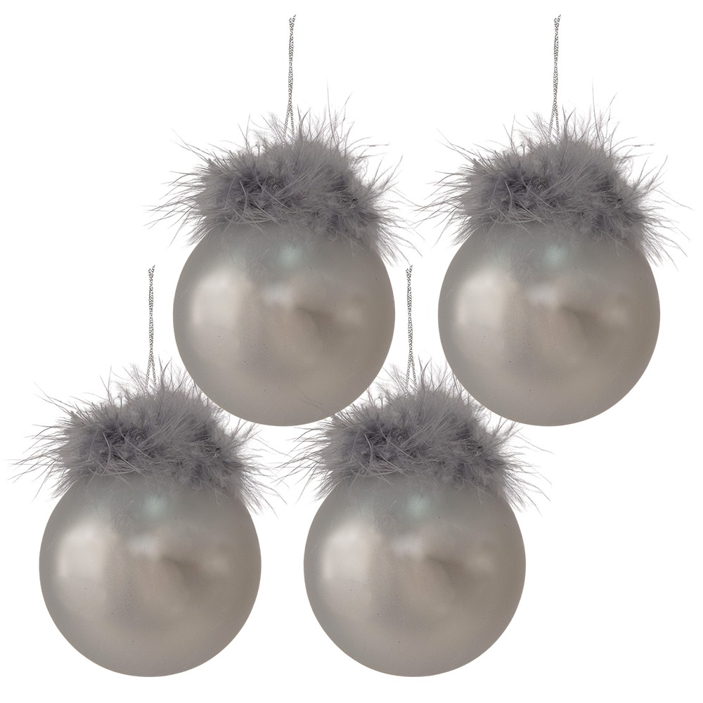 4ks stříbrná vánoční ozdoba koule s peříčky - Ø 8 cm 6GL3941