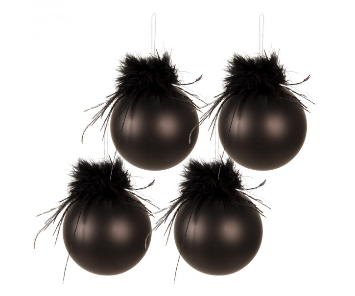 4ks černá vánoční ozdoba koule s peříčky - Ø 8 cm