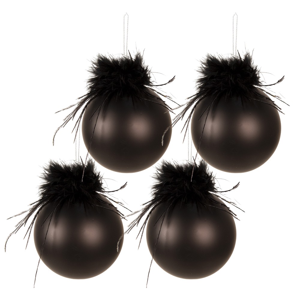 4ks černá vánoční ozdoba koule s peříčky - Ø 8 cm 6GL3943