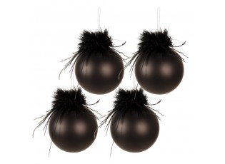 4ks černá vánoční ozdoba koule s peříčky - Ø10 cm
