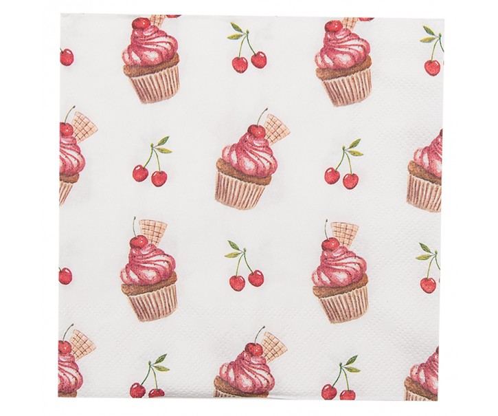 Bílé papírové ubrousky s dortíčky Cherry Cupcake - 33*33 cm (20ks)