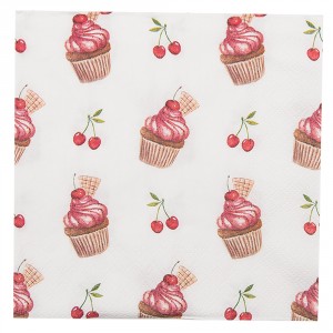 Bílé papírové ubrousky s dortíčky Cherry Cupcake - 33*33 cm (20ks)