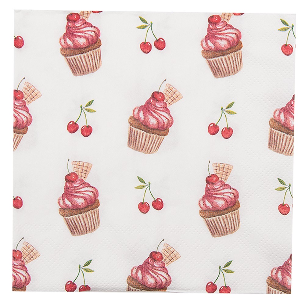 Bílé papírové ubrousky s dortíčky Cherry Cupcake - 33*33 cm (20ks) Clayre & Eef