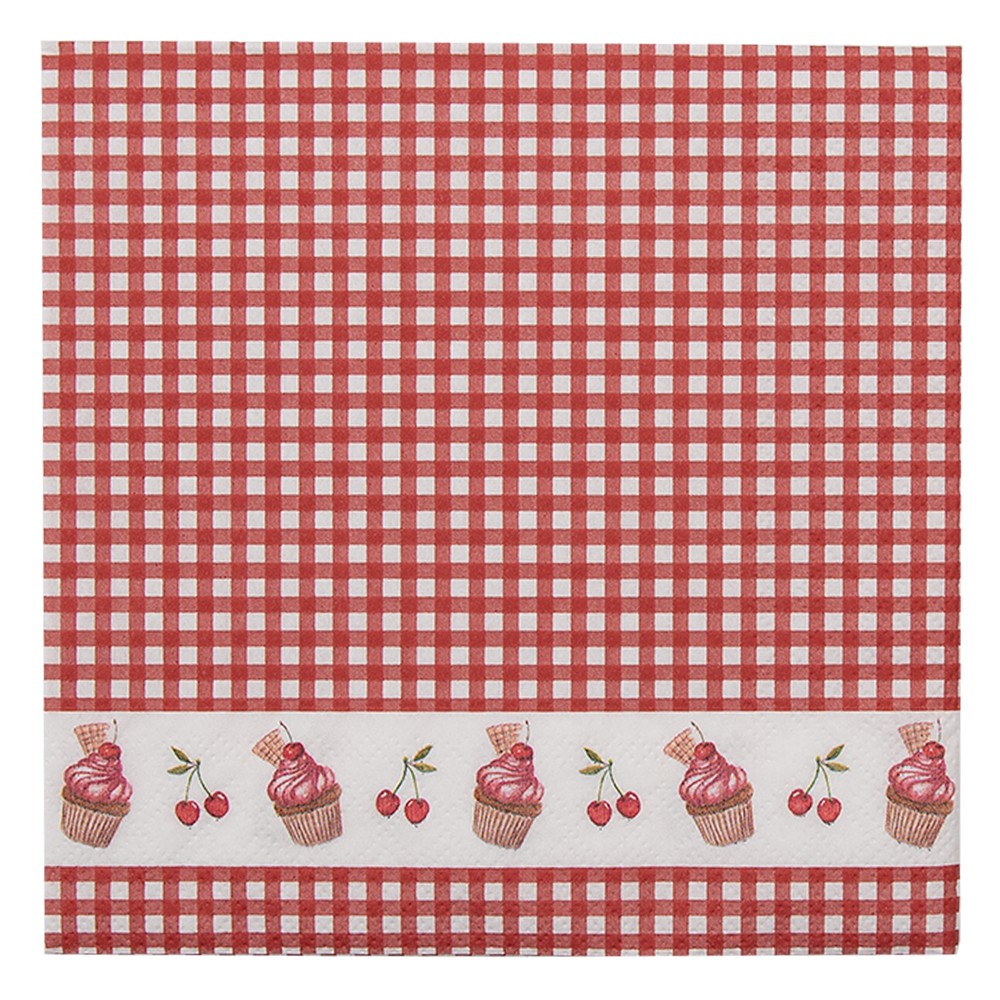 Červené kárované papírové ubrousky s dortíčky Cherry Cupcake - 33*33 cm (20ks)