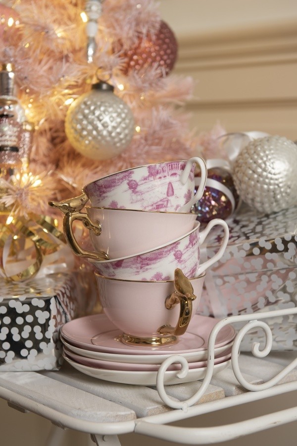 Bílo-růžový porcelánový šálek s podšálkem - Ø 10*6 / Ø 15*2 cm / 250 ml