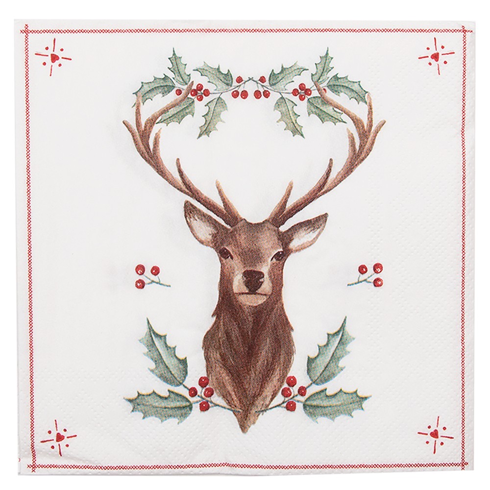 Papírové ubrousky s jelenem a cesmínou Holly Christmas - 33*33 cm (20ks) Clayre & Eef