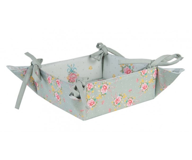 Zelený bavlněný košík na pečivo s květy a ptáčky Cheerful Birdie - 35*35*8 cm