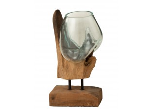 Váza z recyklovaného skla na dřevu Gamal - 20*13*35 cm