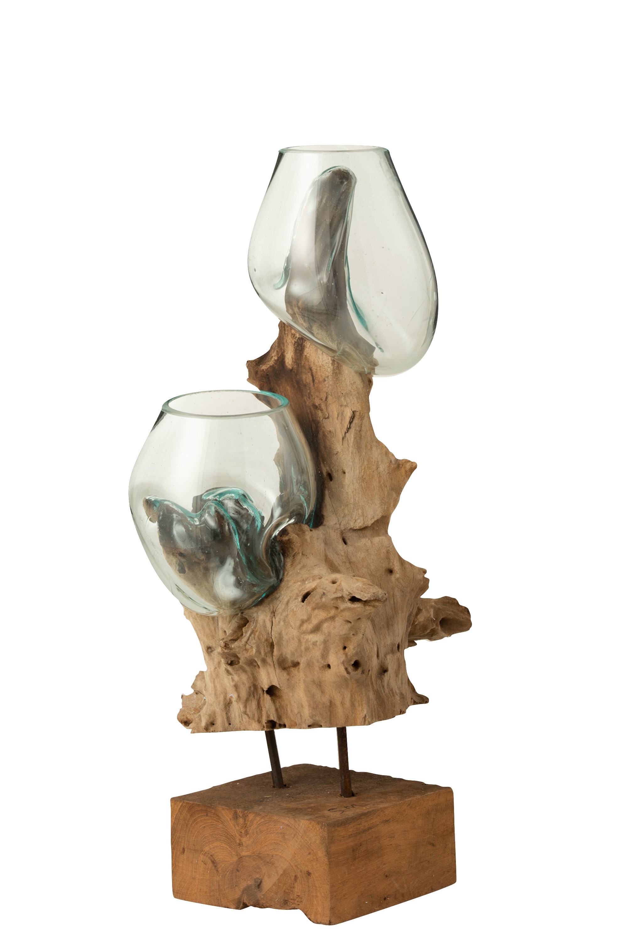 Váza na noze z recyklovaného skla na dřevu Gamal - 42*35*54 cm J-Line by Jolipa
