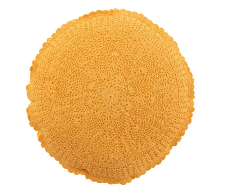 Žlutý kulatý bavlněný polštář s krajkou Lace ochre - Ø 38*12cm