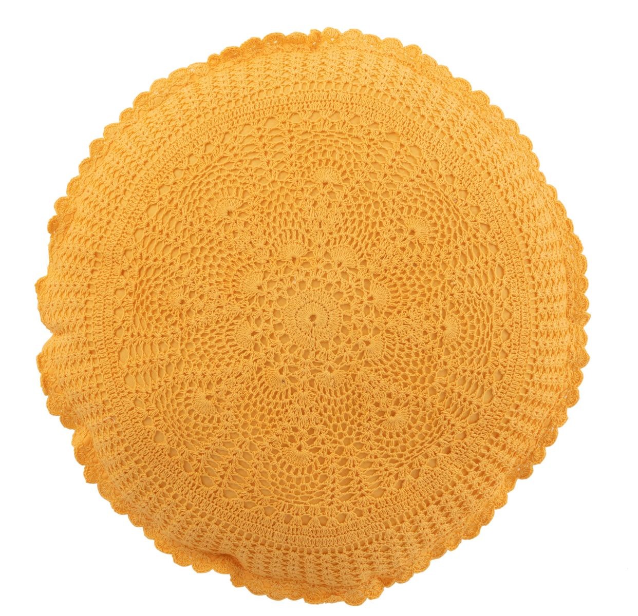 Žlutý kulatý bavlněný polštář s krajkou Lace ochre - Ø 38*12cm