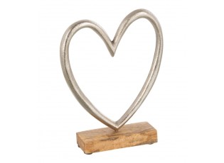 Dekorace stříbrné antik kovové srdce na dřevěném podstavci  - 15*5*19cm